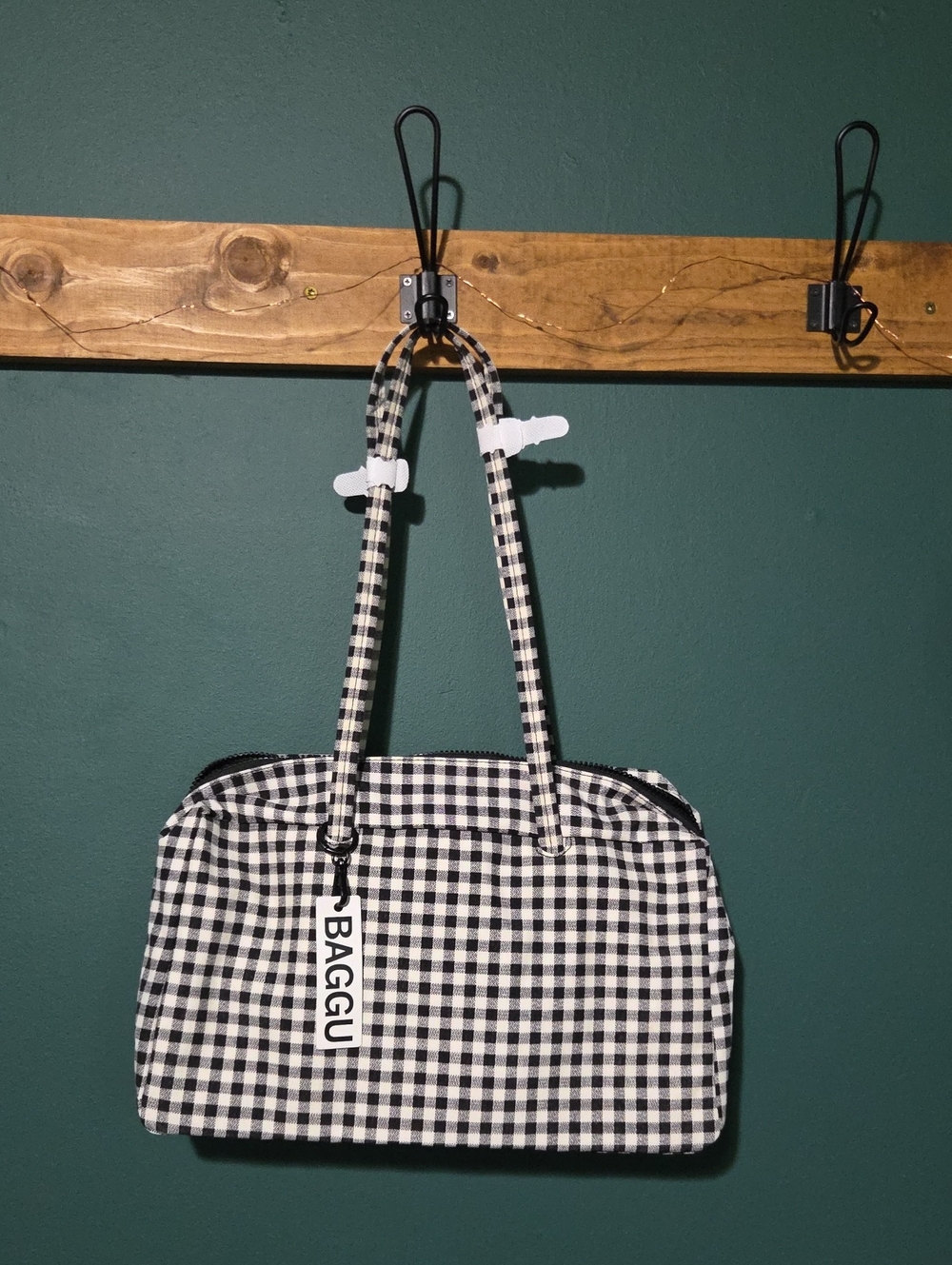 BAGGU Medium Nylon Bowler - Black & White Gingham NWT